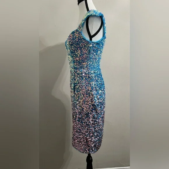 Blue V Neck Side Slit Sequin Bodycon Mini Dress - Picture 5 of 10